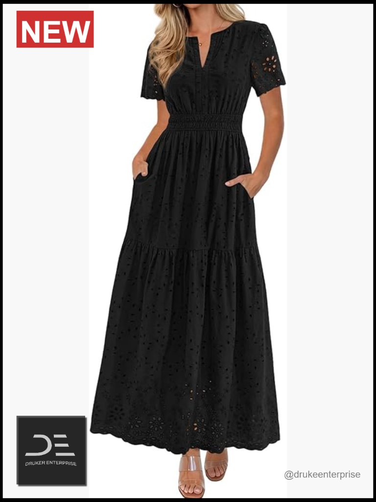 Short Sleeve V Neck Maxi Dress Cotton Hollow Out A Line Beach Vacation Long